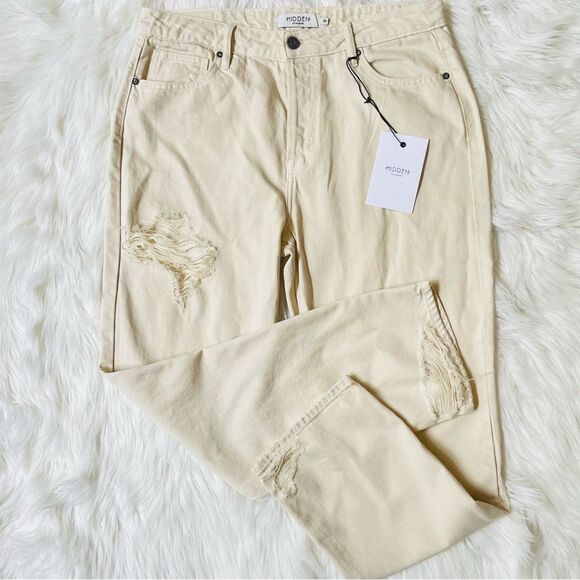 Hidden Tracey Cream Button Fly Distressed High Rise Boyfriend Jeans Sz 30 NWT - Picture 1 of 11